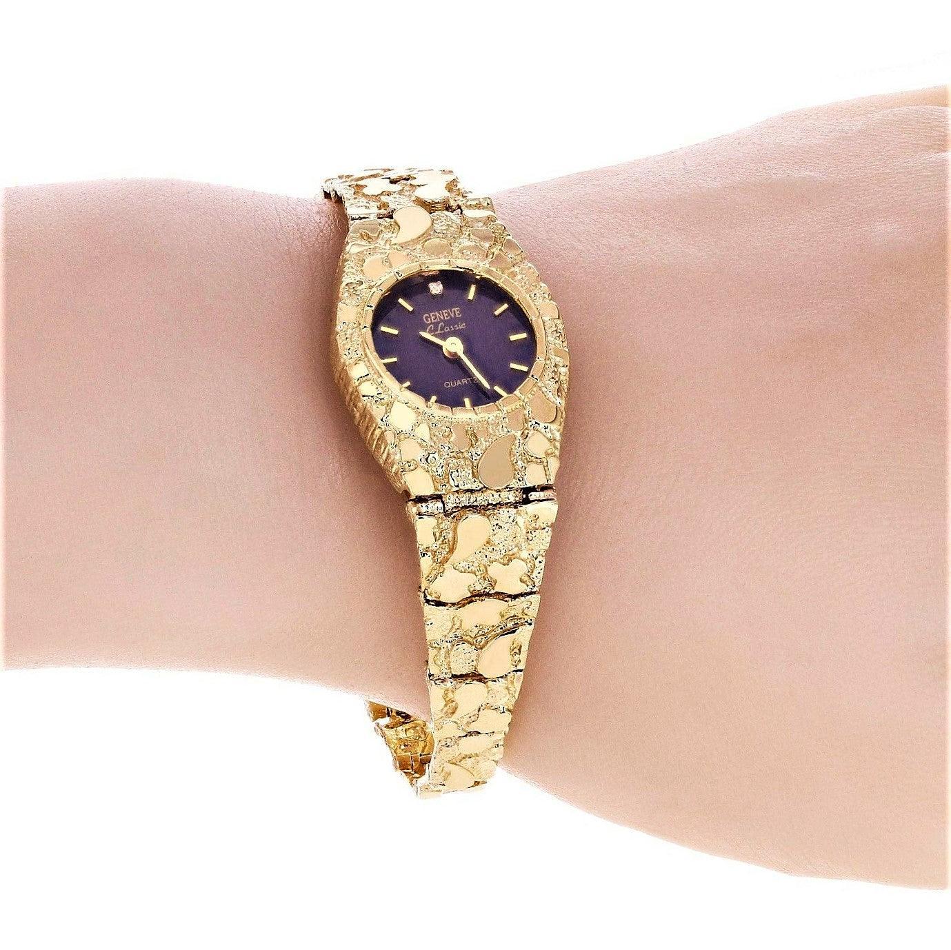 Women's Watch 10k Yellow Gold Nugget Link Bracelet Geneve Wrist Watch with Diamond 7 25.9 grams - Jewelry Store by Erik Rayo