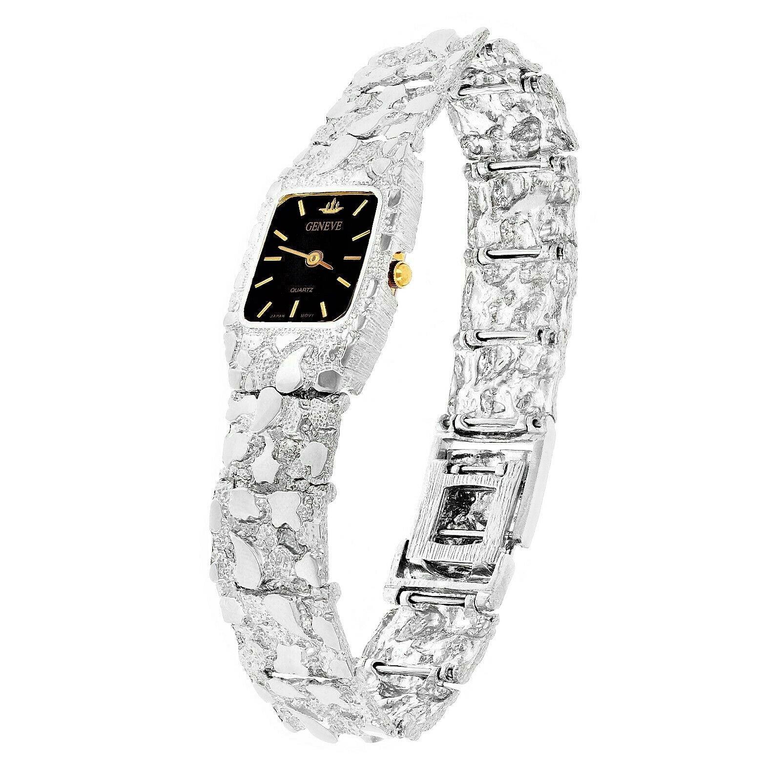 Women's Watch 925 Sterling Silver Nugget Link Geneve Wrist Watch 8.5-9 45.3 grams - Jewelry Store by Erik Rayo
