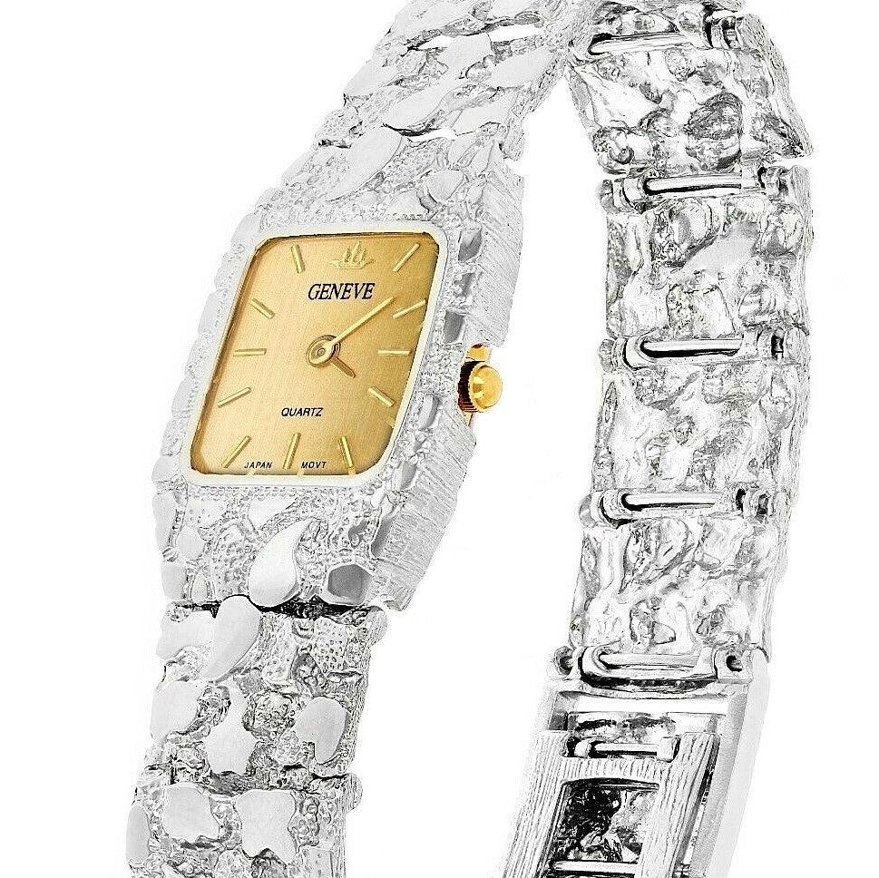 Women's Watch 925 Sterling Silver Nugget Link Geneve Wrist Watch 8.5-9 45.3 grams - Jewelry Store by Erik Rayo