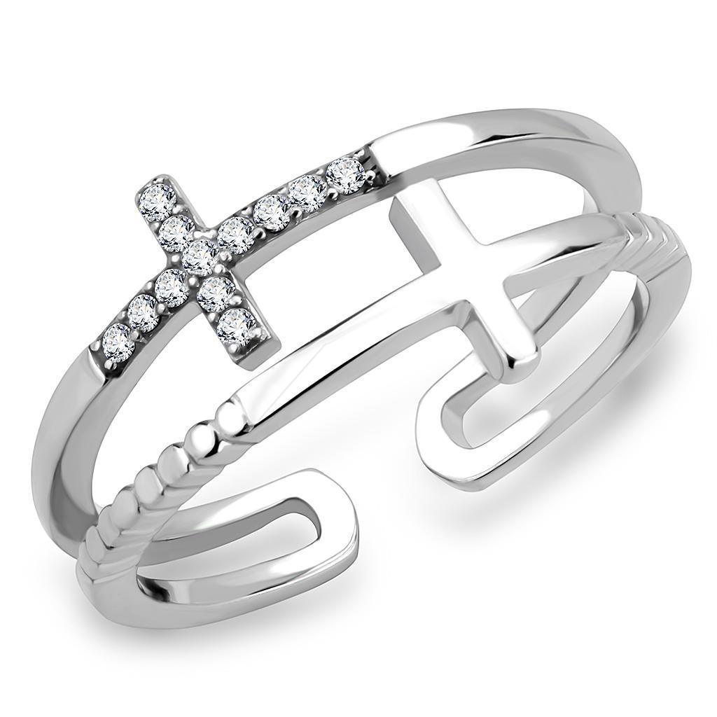 Rings for Women Two Crosses Stainless Steel Ring with AAA Grade CZ in Clear - Jewelry Store by Erik Rayo