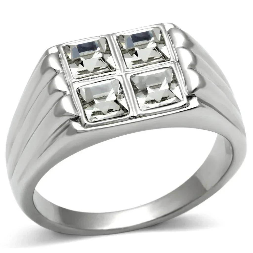 Rings for Men Silver Stainless Steel TK488 with Top Grade Crystal in Clear - Jewelry Store by Erik Rayo