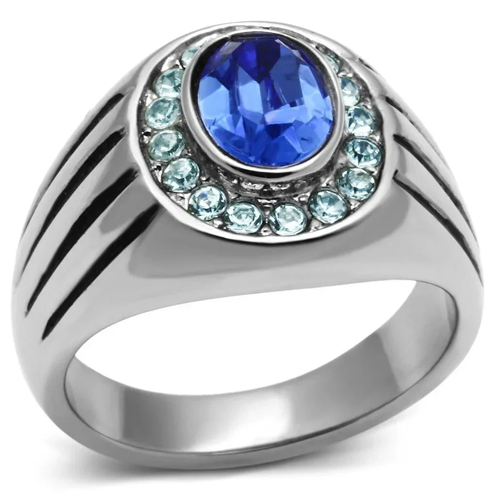 Rings for Men Silver Stainless Steel TK601 with Top Grade Crystal in Sapphire - Jewelry Store by Erik Rayo