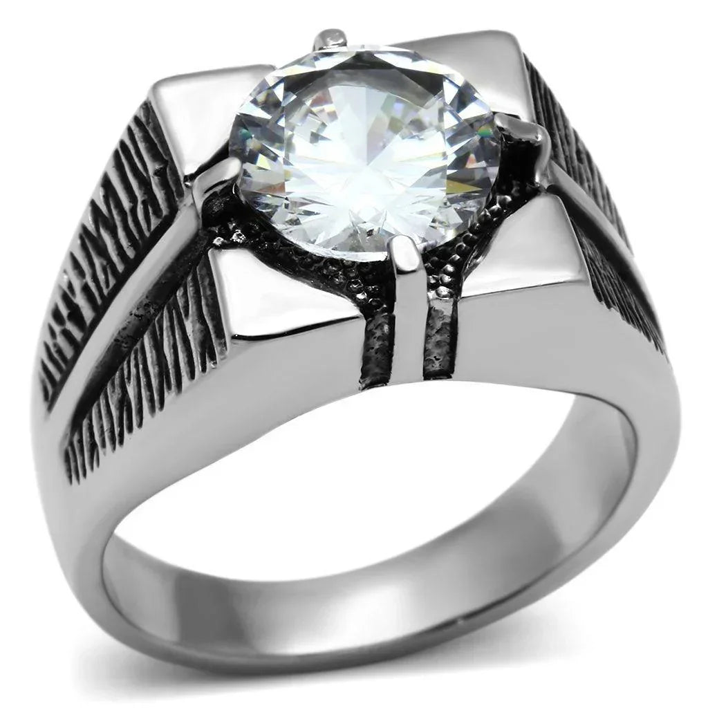 Rings for Men Silver Stainless Steel TK701 with AAA Grade Cubic Zirconia in Clear - Jewelry Store by Erik Rayo