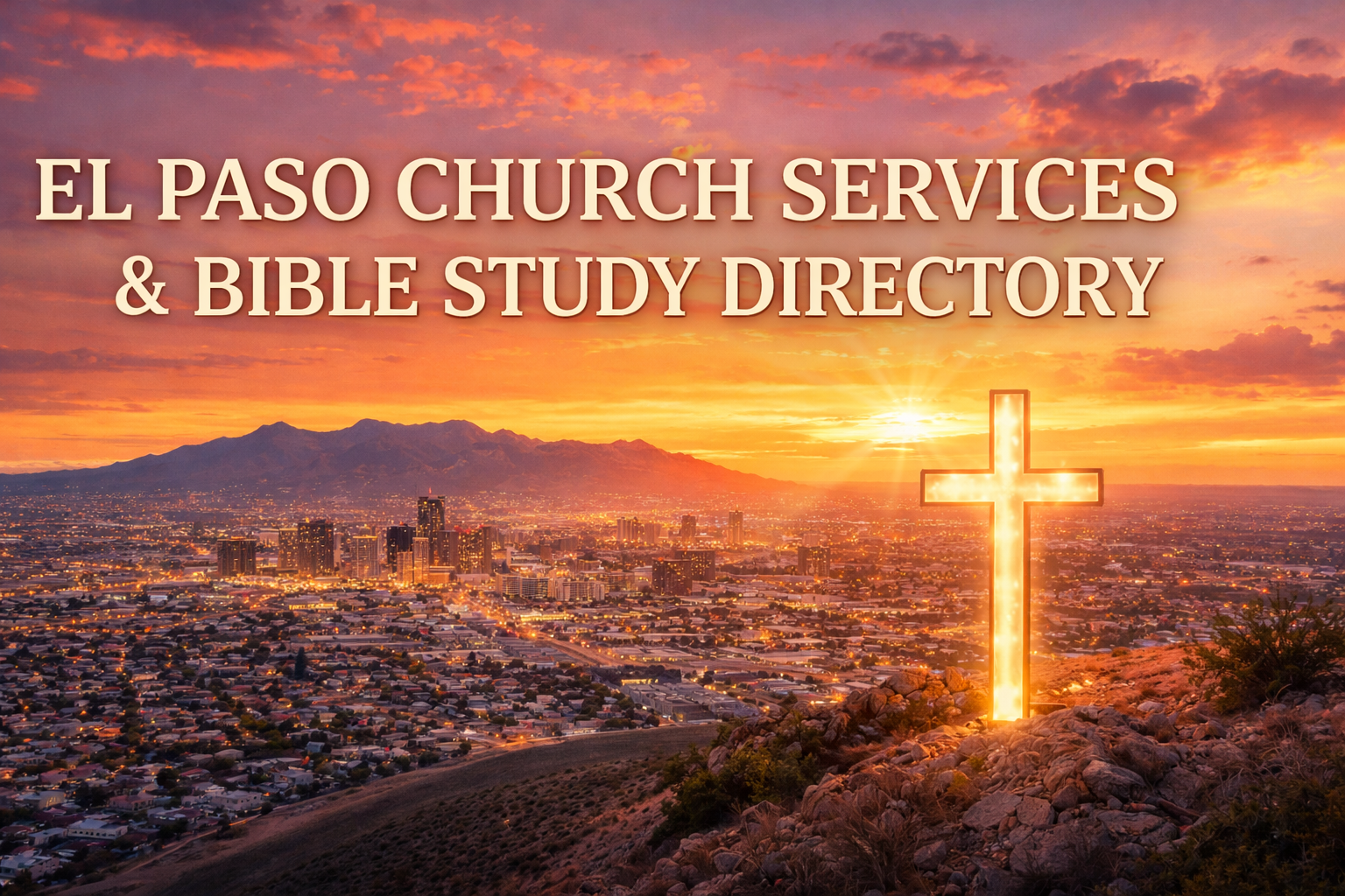 El Paso Texas skyline at sunset with glowing cross and text “El Paso Church Services & Bible Study Directory