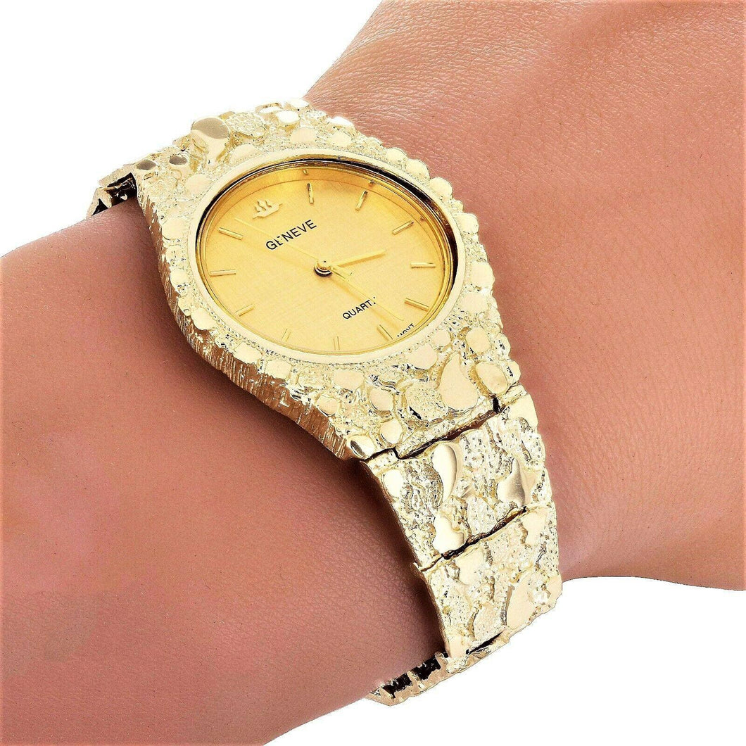 10k Mens Watch Yellow Gold Nugget Link Geneve Wrist Watch Adjustable 7-7.5 47 grams - Jewelry Store by Erik Rayo