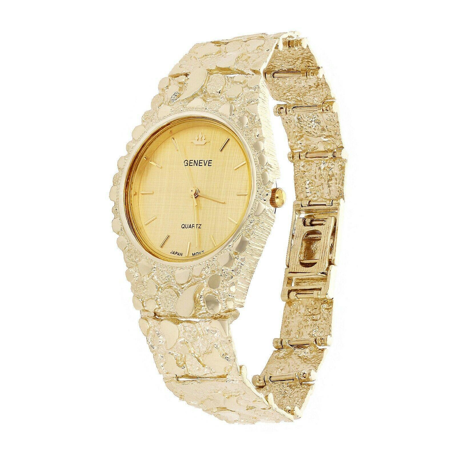 10k Mens Watch Yellow Gold Nugget Link Geneve Wrist Watch Adjustable 7-7.5 47 grams - Jewelry Store by Erik Rayo