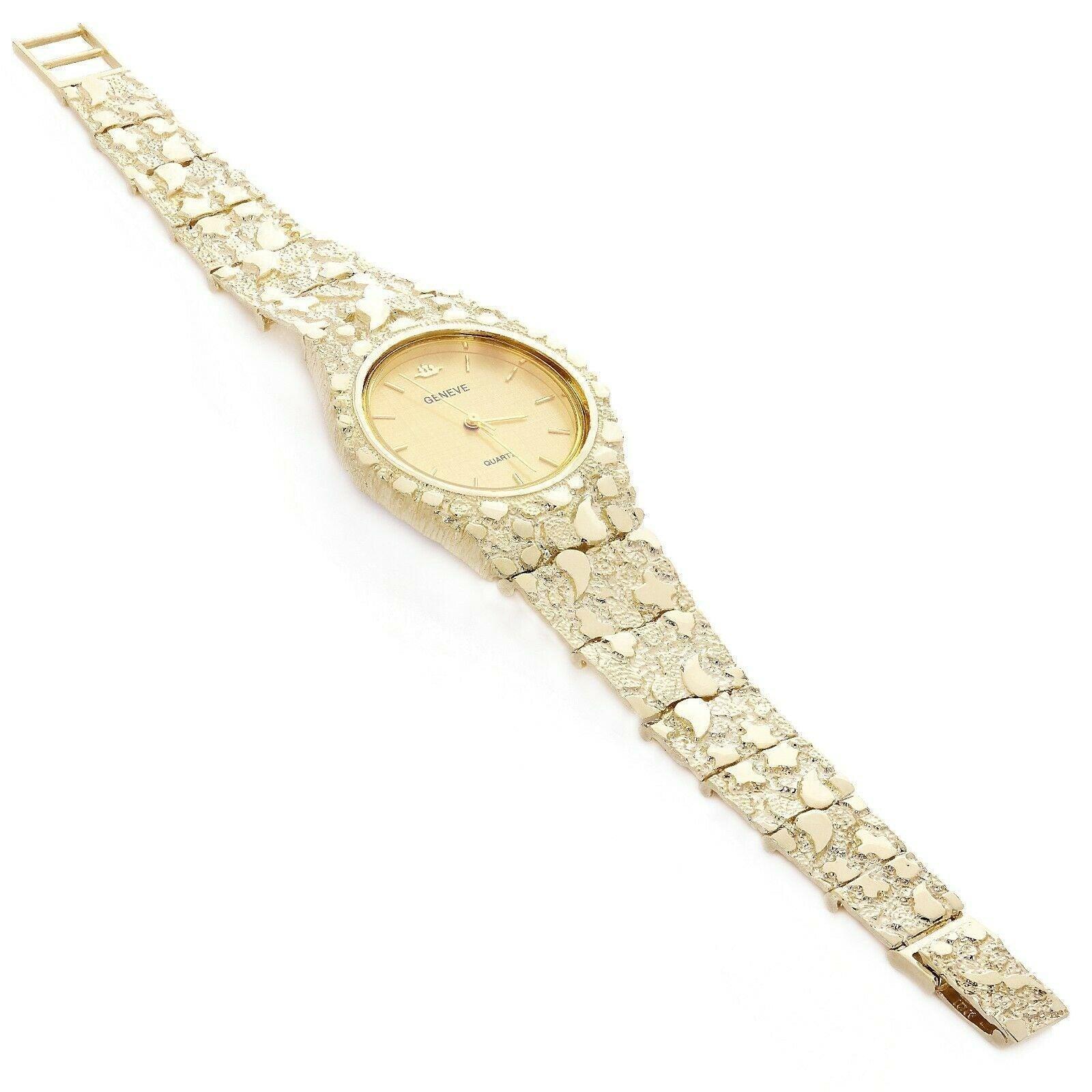 10k Mens Watch Yellow Gold Nugget Link Geneve Wrist Watch Adjustable 7-7.5 47 grams - Jewelry Store by Erik Rayo