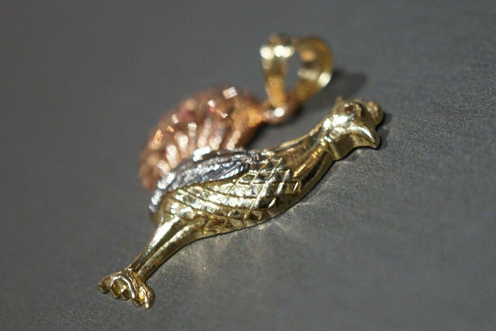 10K Solid Yellow Gold Three Tri Color Rooster Chicken Red Eyes Pendant. 2 Sizes - Jewelry Store by Erik Rayo