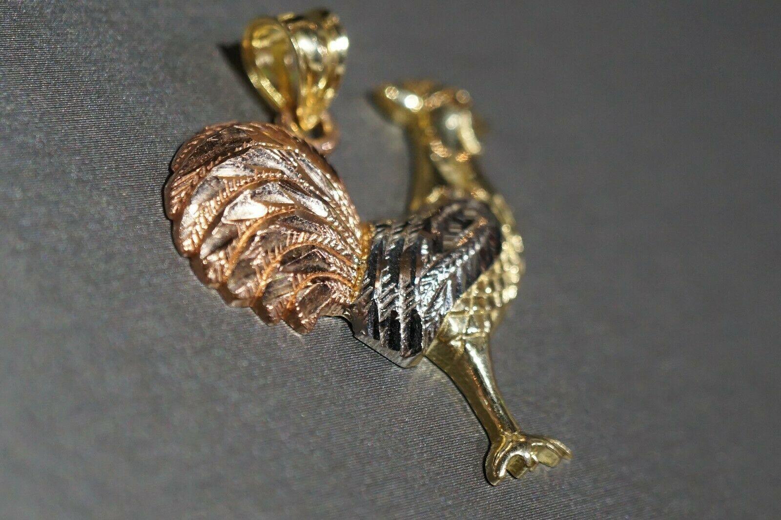 10K Solid Yellow Gold Three Tri Color Rooster Chicken Red Eyes Pendant. 2 Sizes - Jewelry Store by Erik Rayo