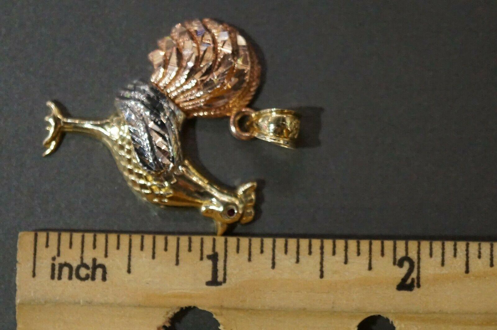 10K Solid Yellow Gold Three Tri Color Rooster Chicken Red Eyes Pendant. 2 Sizes - Jewelry Store by Erik Rayo