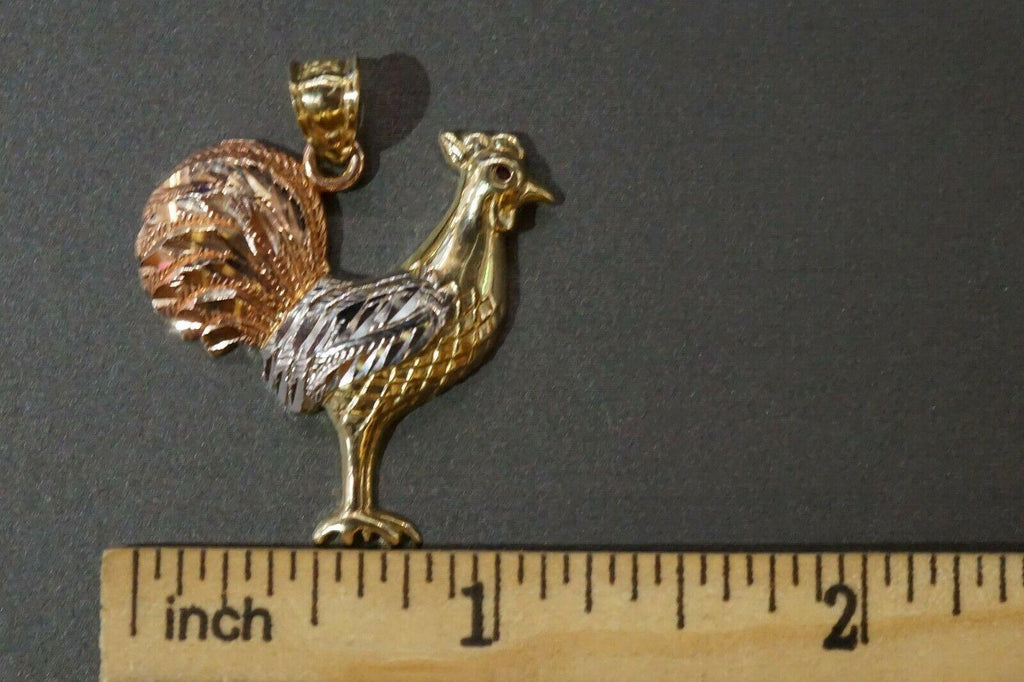 10K Solid Yellow Gold Three Tri Color Rooster Chicken Red Eyes Pendant. 2 Sizes - Jewelry Store by Erik Rayo