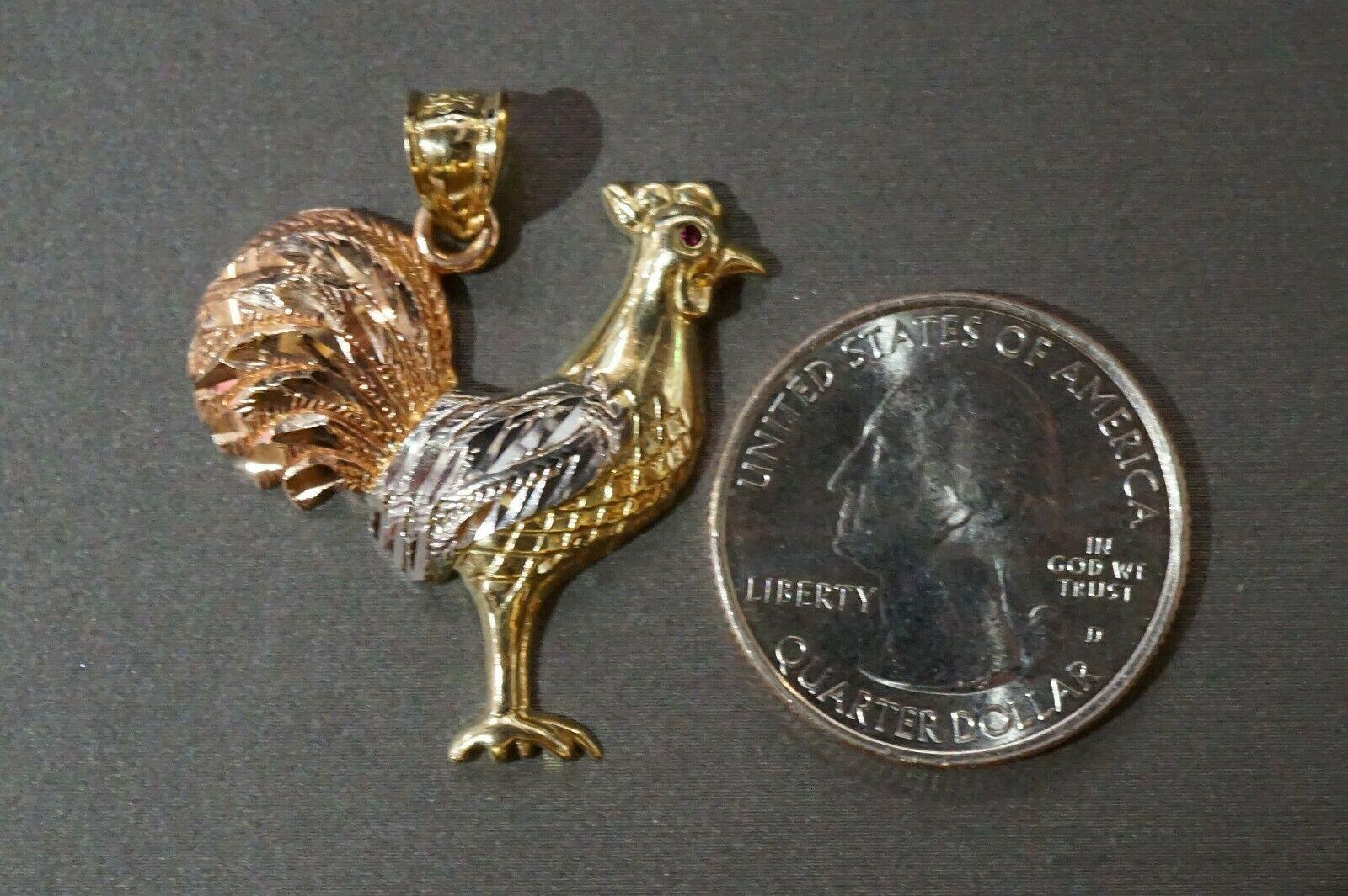 10K Solid Yellow Gold Three Tri Color Rooster Chicken Red Eyes Pendant. 2 Sizes - Jewelry Store by Erik Rayo