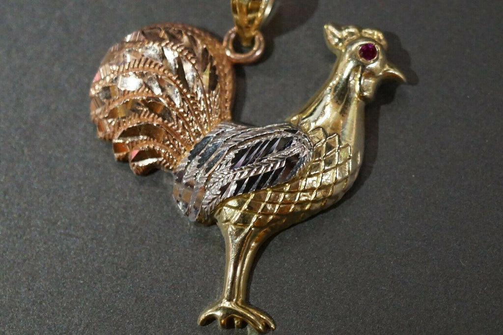 10K Solid Yellow Gold Three Tri Color Rooster Chicken Red Eyes Pendant. 2 Sizes - Jewelry Store by Erik Rayo