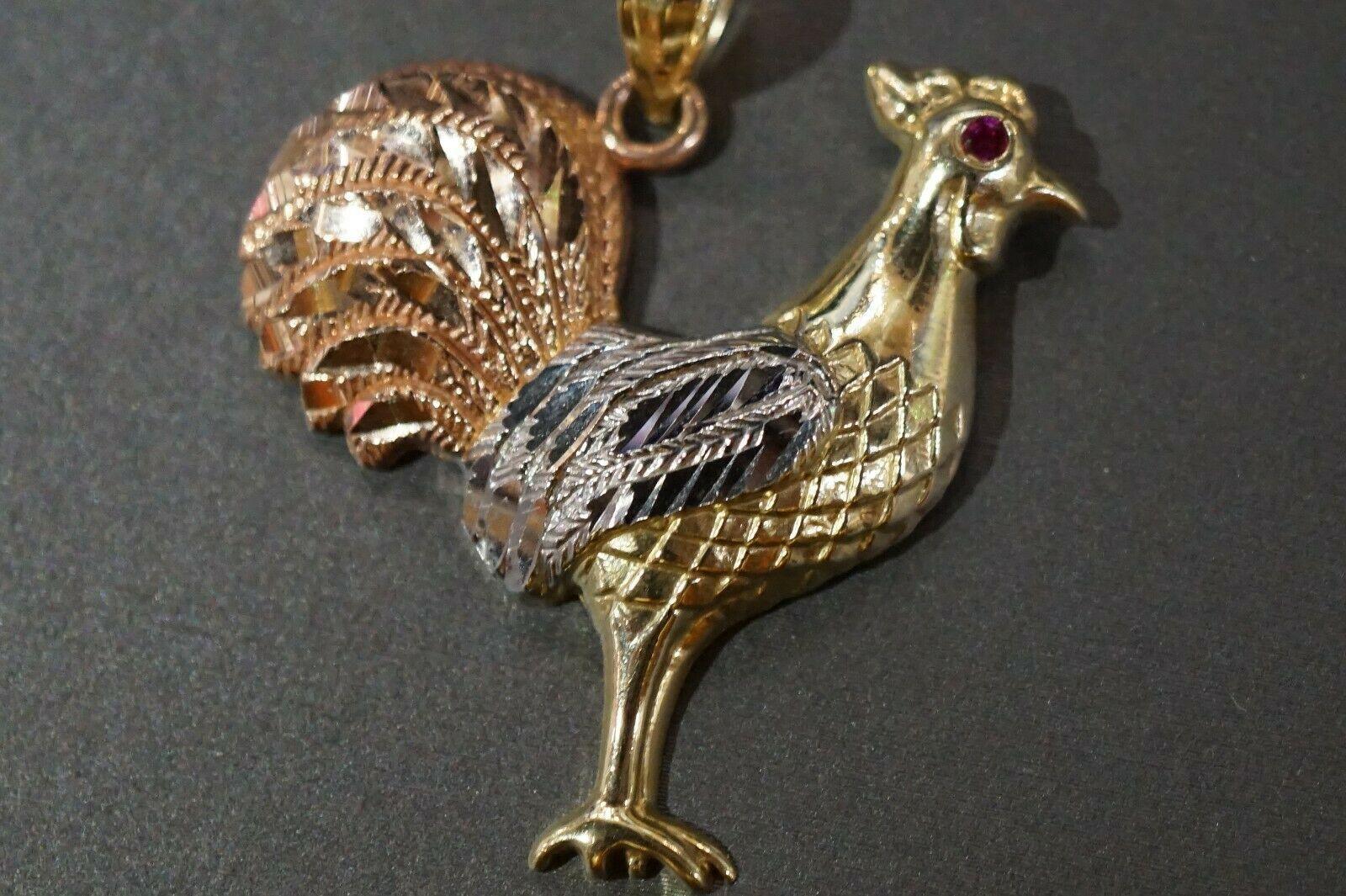 10K Solid Yellow Gold Three Tri Color Rooster Chicken Red Eyes Pendant. 2 Sizes - Jewelry Store by Erik Rayo