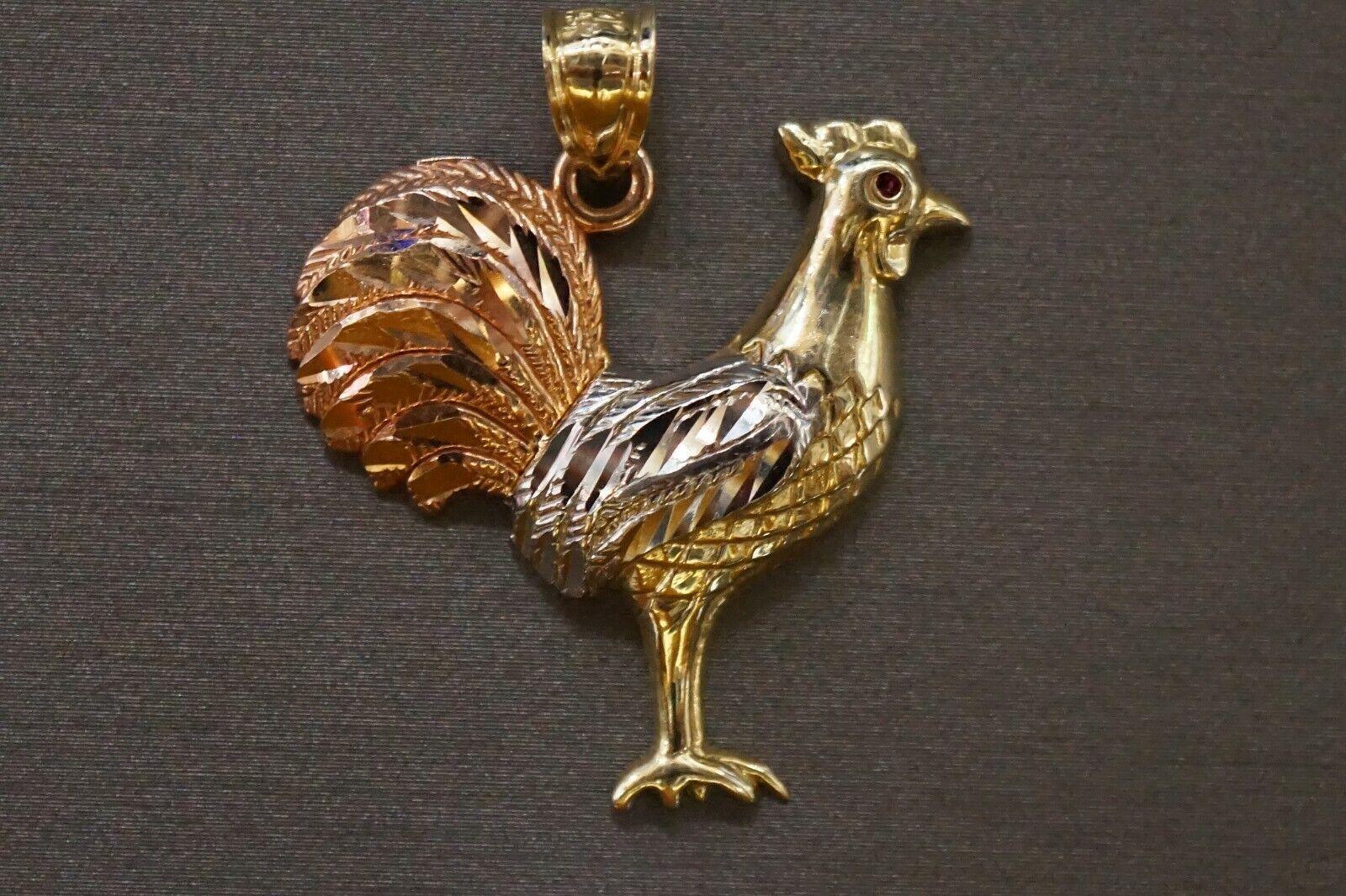 10K Solid Yellow Gold Three Tri Color Rooster Chicken Red Eyes Pendant. 2 Sizes - Jewelry Store by Erik Rayo