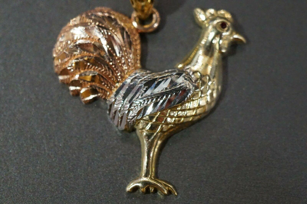 10K Solid Yellow Gold Three Tri Color Rooster Chicken Red Eyes Pendant. 2 Sizes - Jewelry Store by Erik Rayo