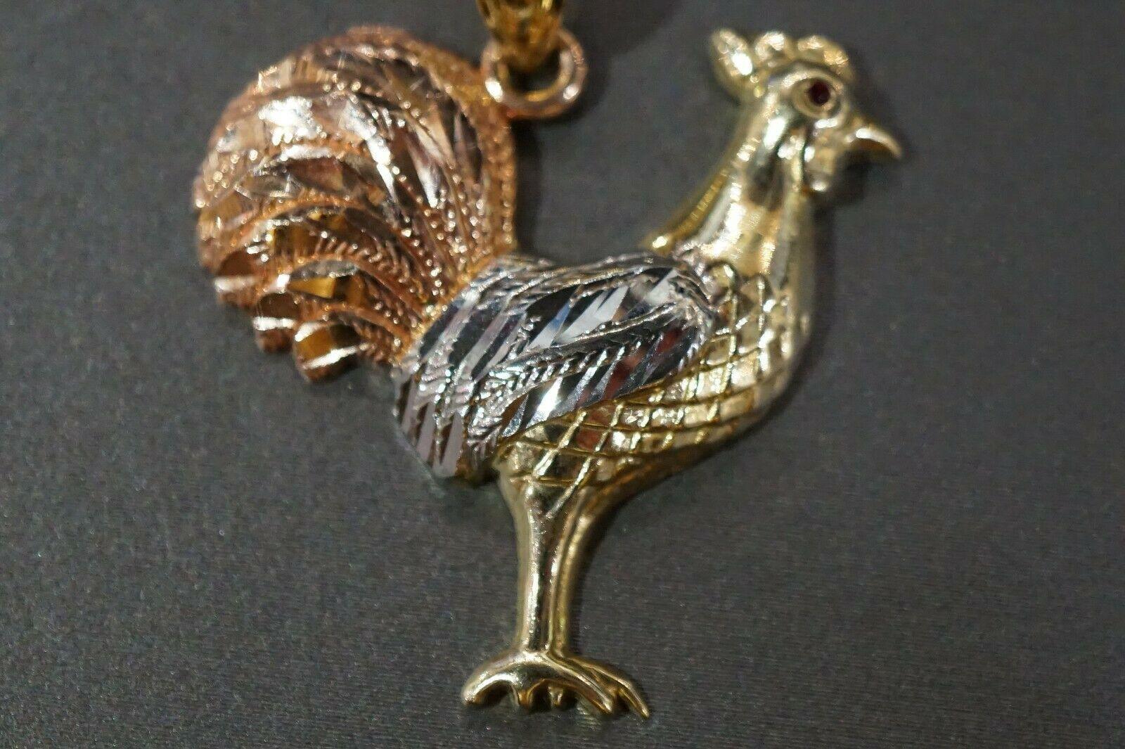 10K Solid Yellow Gold Three Tri Color Rooster Chicken Red Eyes Pendant. 2 Sizes - Jewelry Store by Erik Rayo