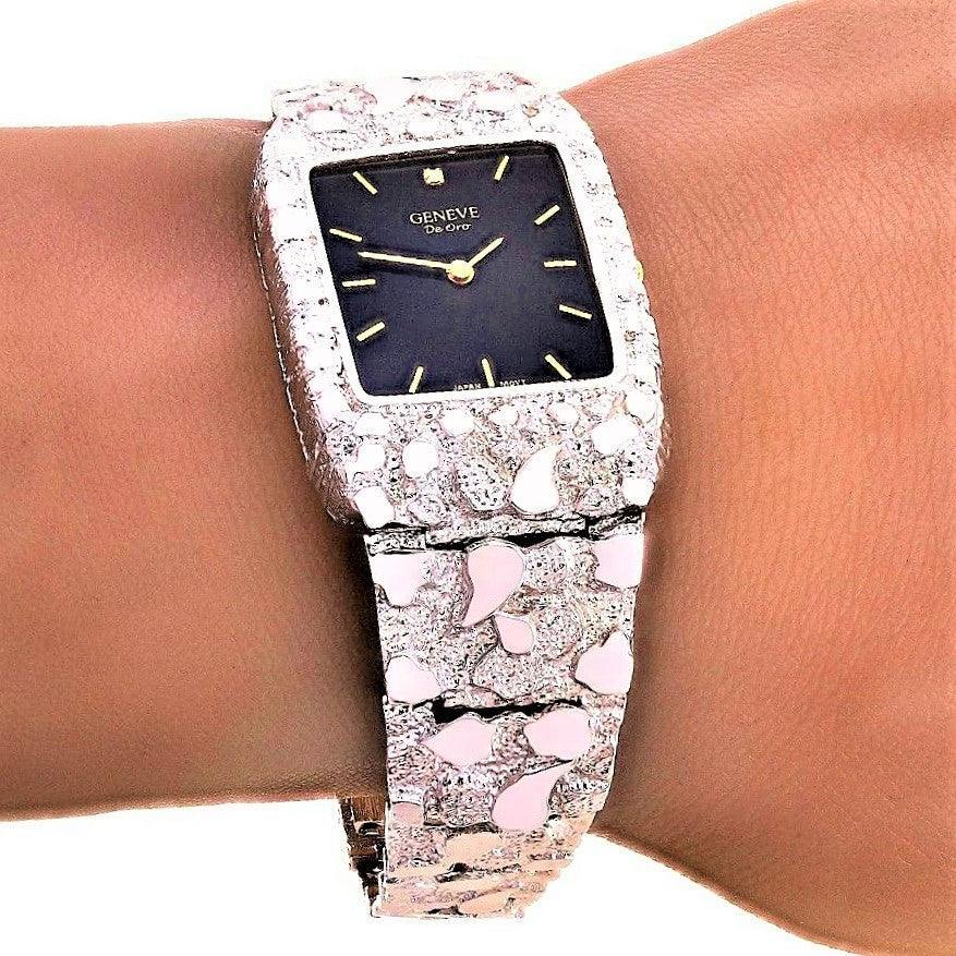 14k White Gold Nugget Wrist Band Geneve Diamond Watch 7.5-8 - Jewelry Store by Erik Rayo