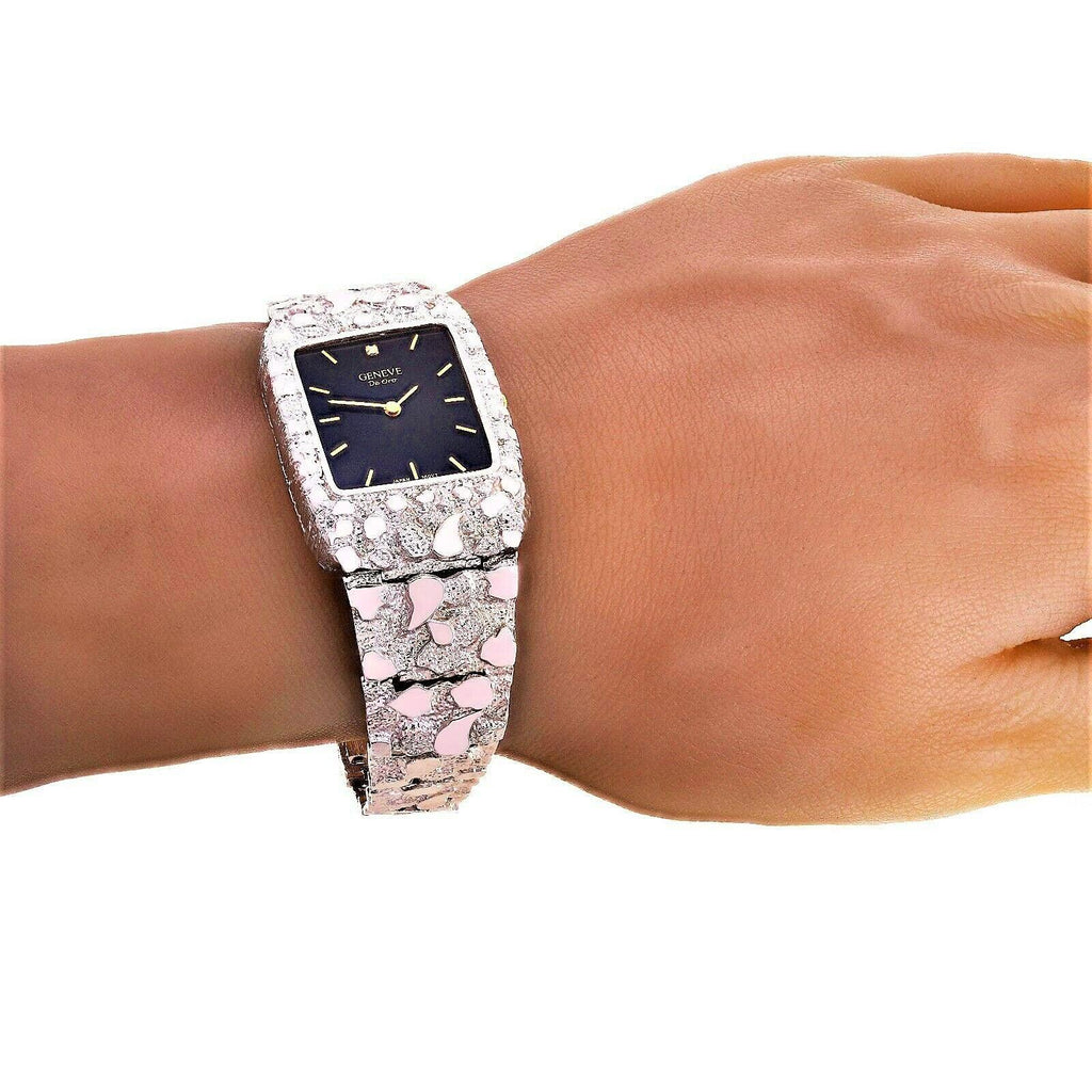 14k White Gold Nugget Wrist Band Geneve Diamond Watch 7.5-8 - Jewelry Store by Erik Rayo
