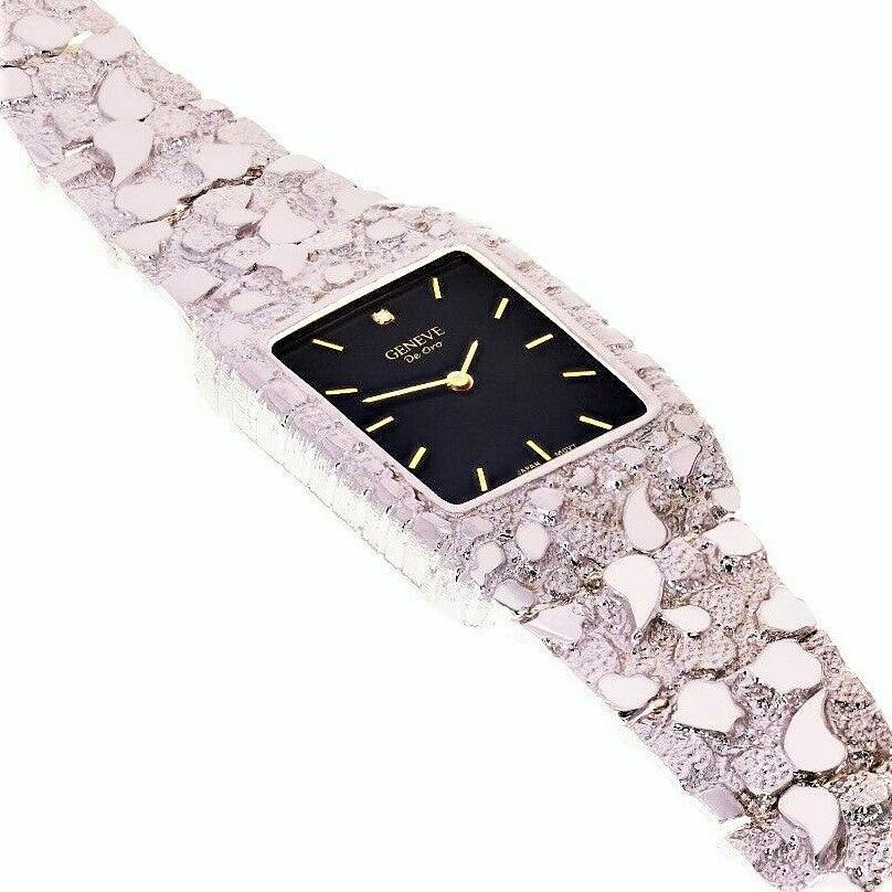 14k White Gold Nugget Wrist Band Geneve Diamond Watch 7.5-8 - Jewelry Store by Erik Rayo