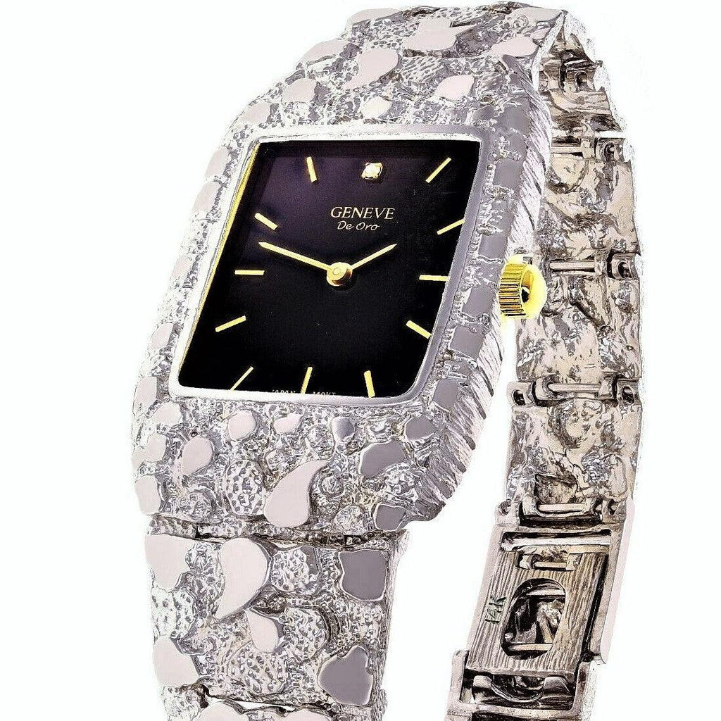 14k White Gold Nugget Wrist Band Geneve Diamond Watch 7.5-8 - Jewelry Store by Erik Rayo