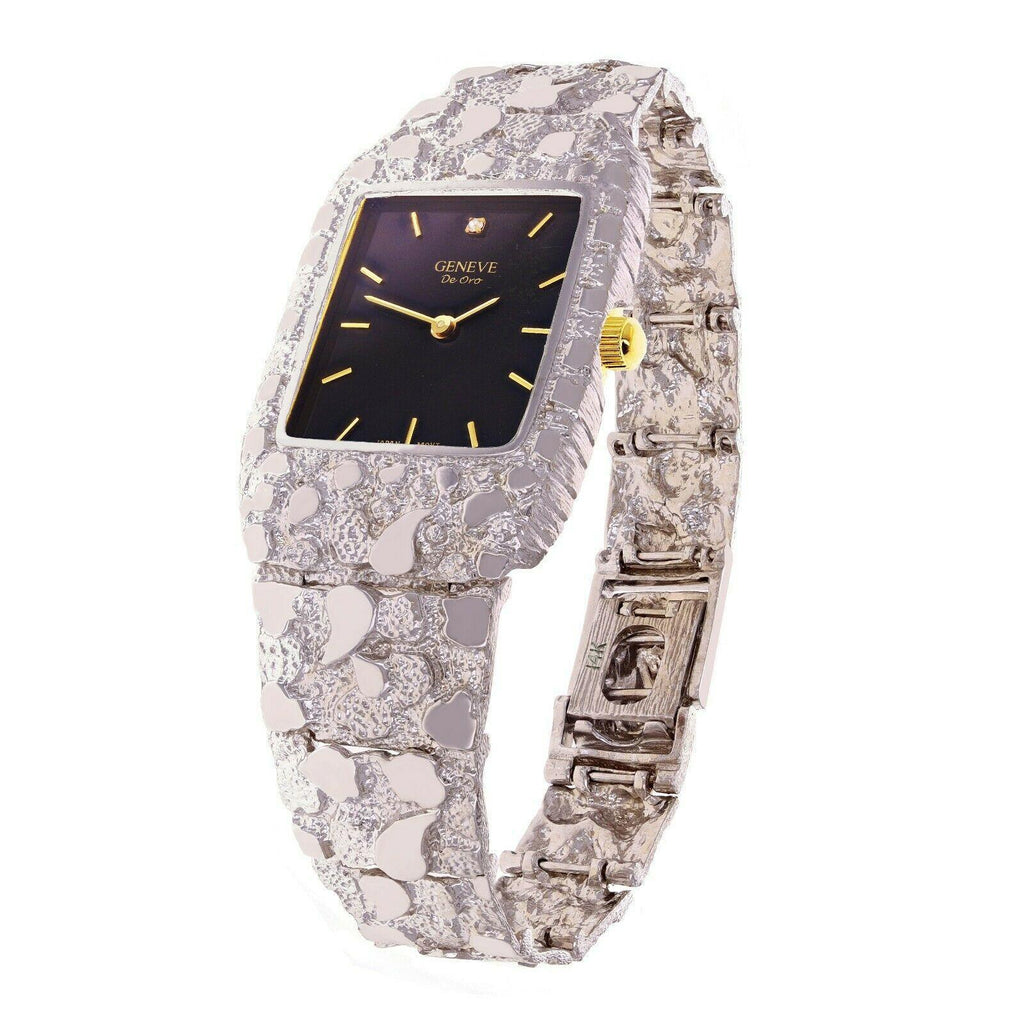 14k White Gold Nugget Wrist Band Geneve Diamond Watch 7.5-8 - Jewelry Store by Erik Rayo