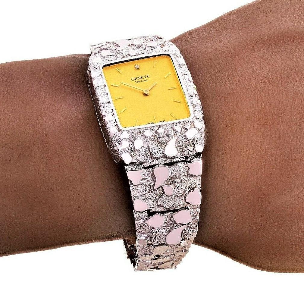 14k White Gold Nugget Wrist Band Geneve Diamond Watch 8.5 - Jewelry Store by Erik Rayo