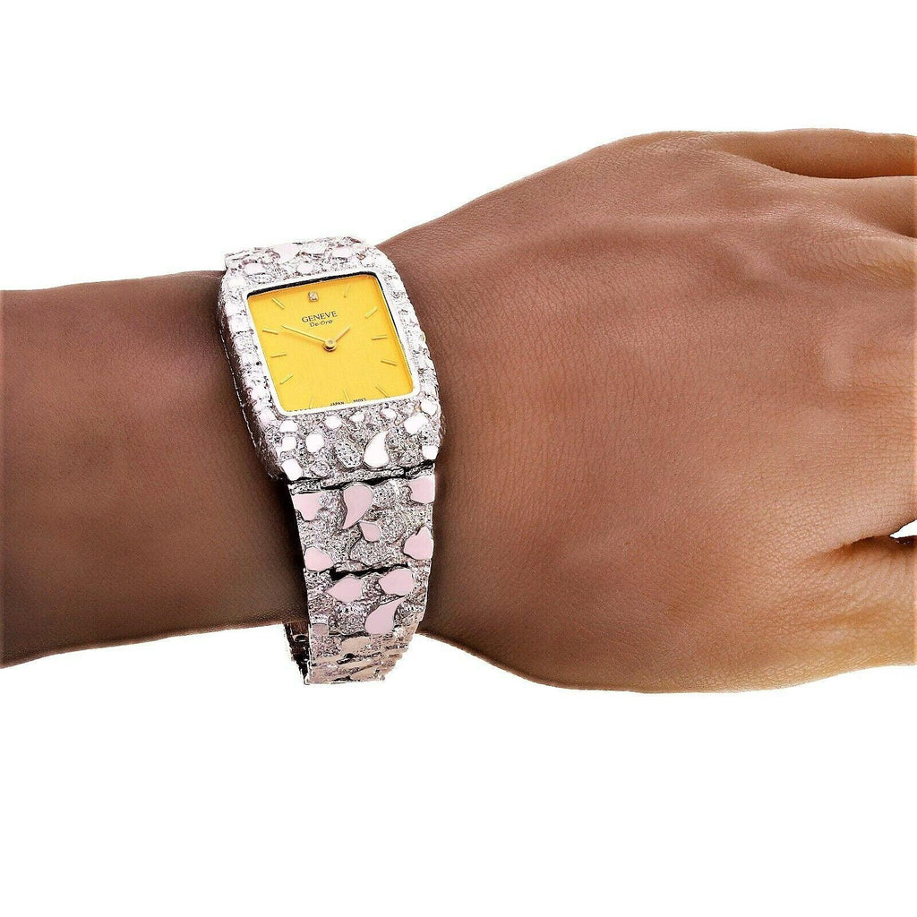 14k White Gold Nugget Wrist Band Geneve Diamond Watch 8.5 - Jewelry Store by Erik Rayo