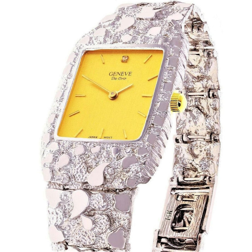 14k White Gold Nugget Wrist Band Geneve Diamond Watch 8.5 - Jewelry Store by Erik Rayo