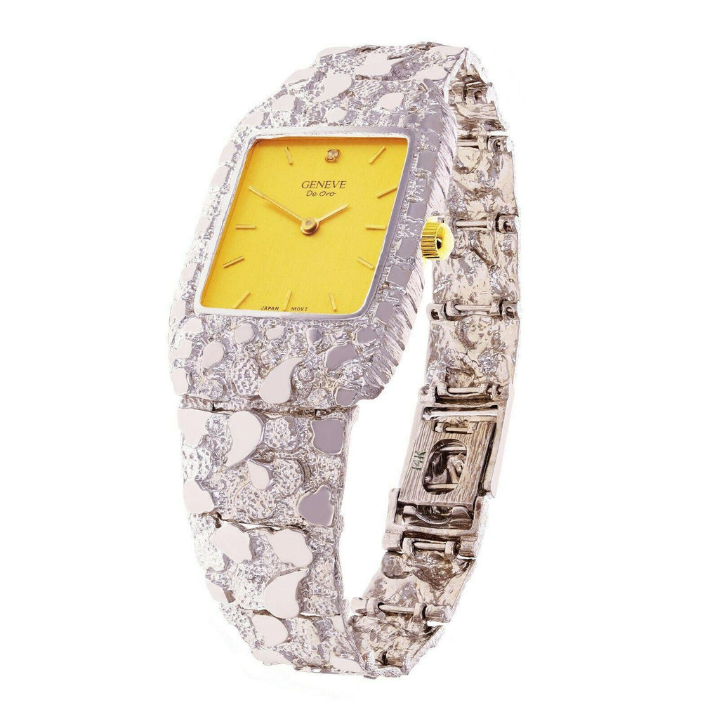 14k White Gold Nugget Wrist Band Geneve Diamond Watch 8.5 - Jewelry Store by Erik Rayo