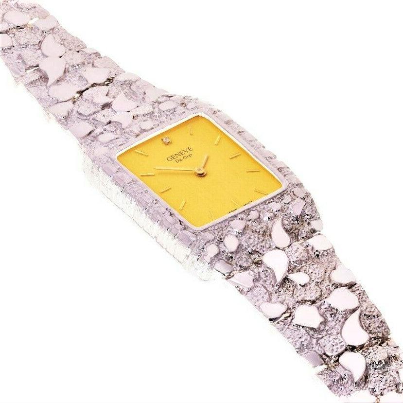 14k White Gold Nugget Wrist Band Geneve Diamond Watch 8.5 - Jewelry Store by Erik Rayo