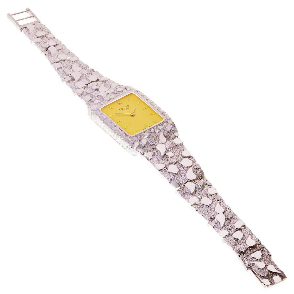 14k White Gold Nugget Wrist Band Geneve Diamond Watch 8.5 - Jewelry Store by Erik Rayo
