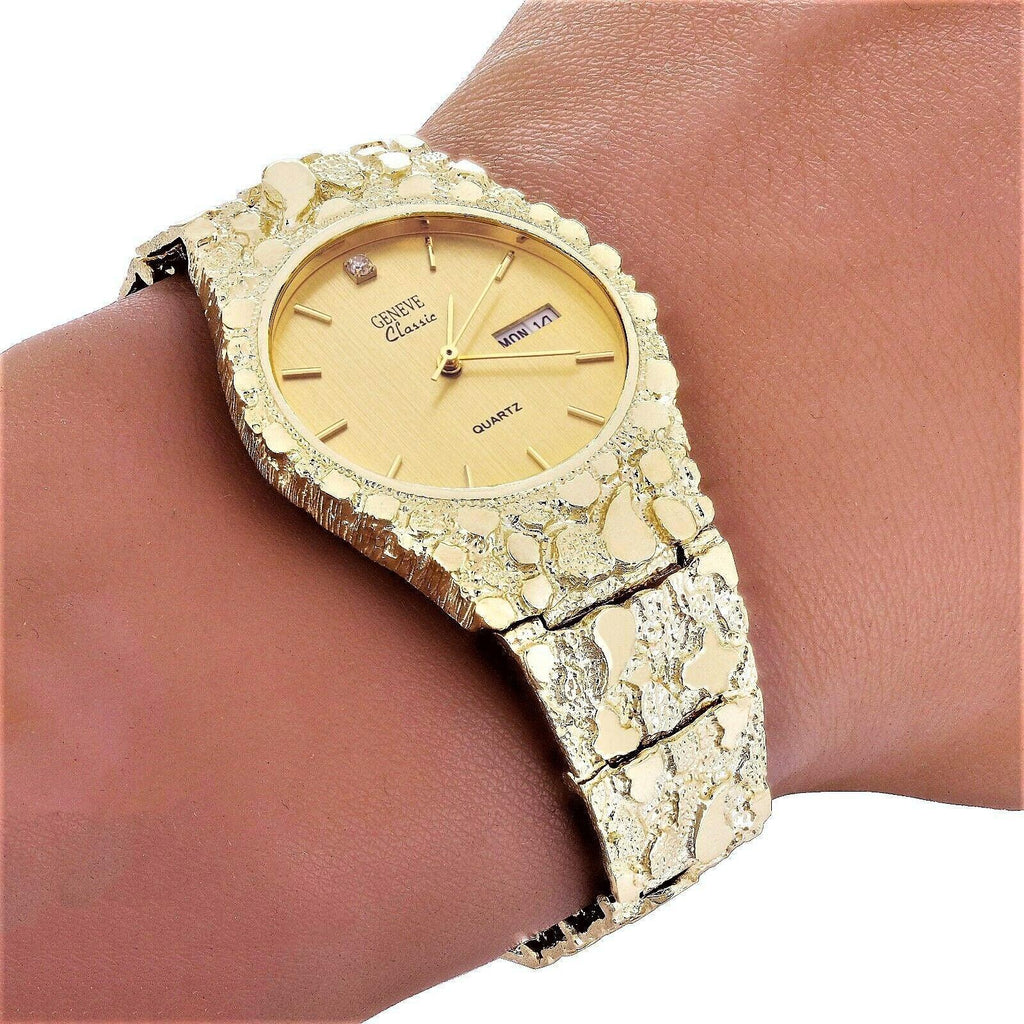 14k Yellow Gold Nugget Geneve Wrist Watch for Men with Natural Diamond 7-7.5 53 grams - Jewelry Store by Erik Rayo