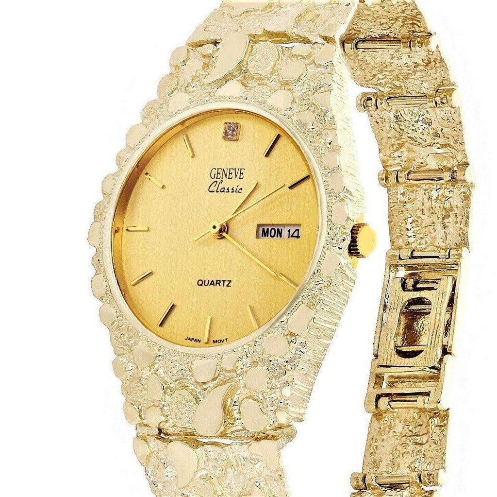14k Yellow Gold Nugget Geneve Wrist Watch for Men with Natural Diamond 7-7.5 53 grams - Jewelry Store by Erik Rayo