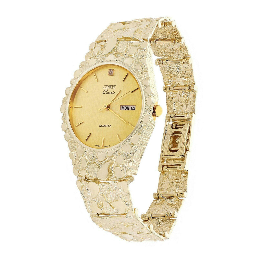 14k Yellow Gold Nugget Geneve Wrist Watch for Men with Natural Diamond 7-7.5 53 grams - Jewelry Store by Erik Rayo