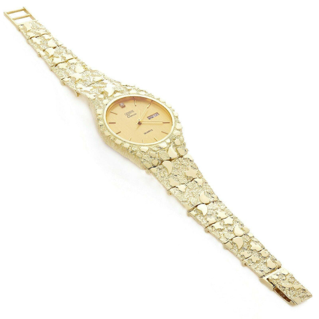14k Yellow Gold Nugget Geneve Wrist Watch for Men with Natural Diamond 7-7.5 53 grams - Jewelry Store by Erik Rayo