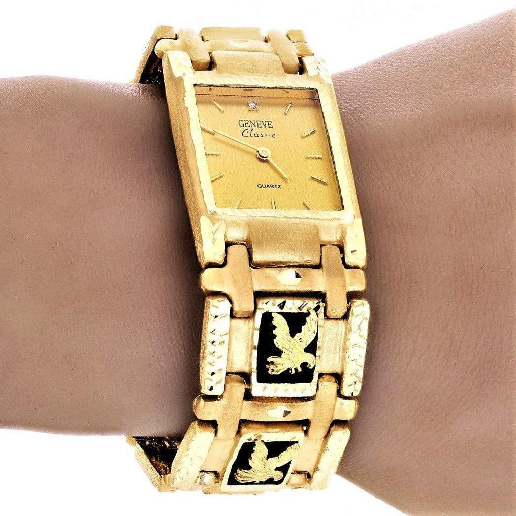 14k Yellow Gold Watch Band Eagle Black Onyx Geneve Diamond Watch 7.5 73.4 grams - Jewelry Store by Erik Rayo