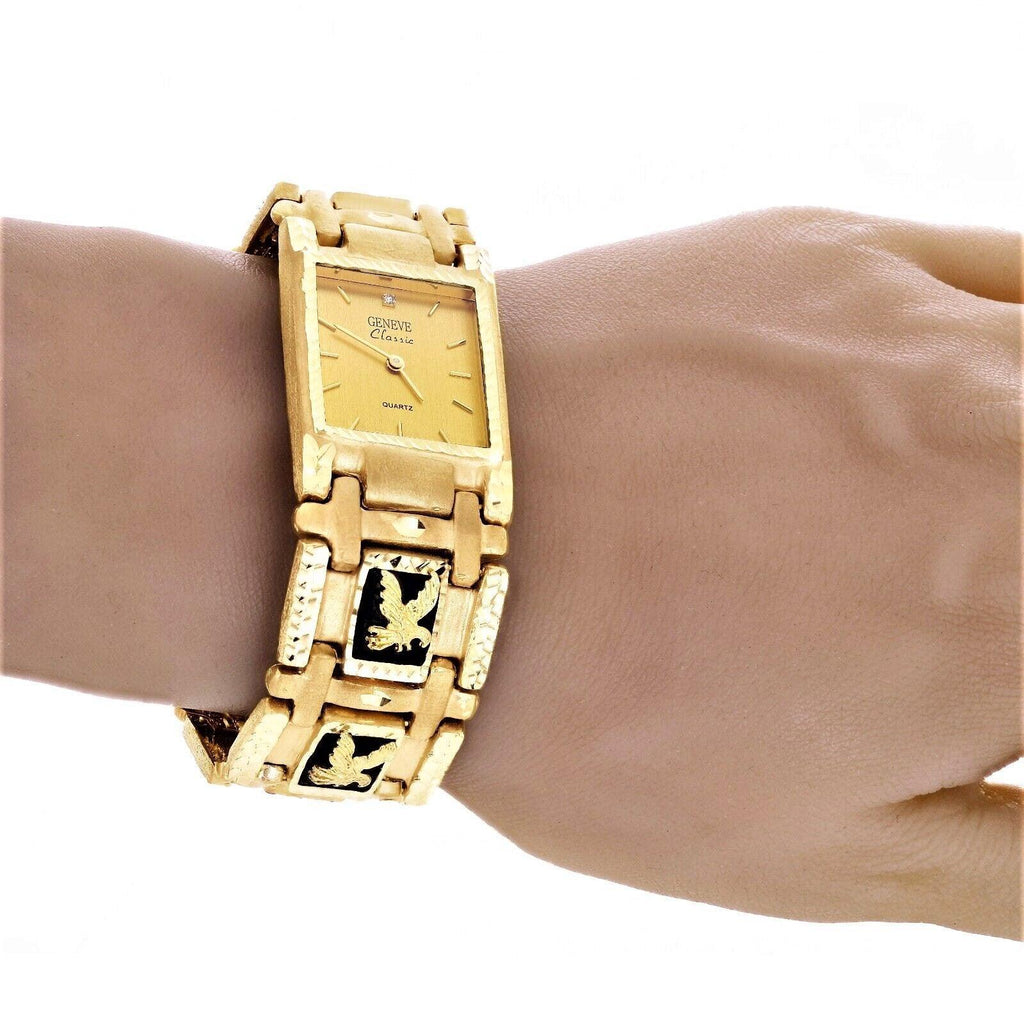 14k Yellow Gold Watch Band Eagle Black Onyx Geneve Diamond Watch 7.5 73.4 grams - Jewelry Store by Erik Rayo