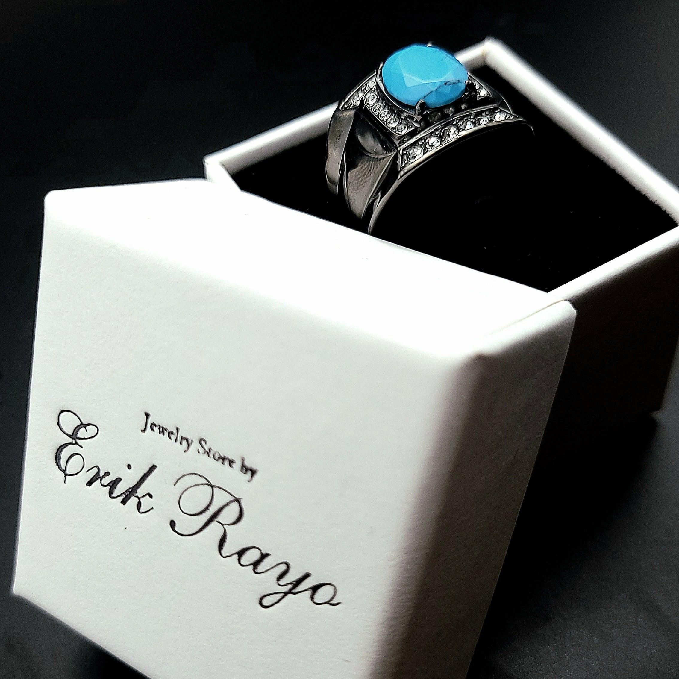 Mens Ring Turquoise with Black Stainless Steel Ring with Synthetic Turquoise in Sea Blue - Jewelry Store by Erik Rayo