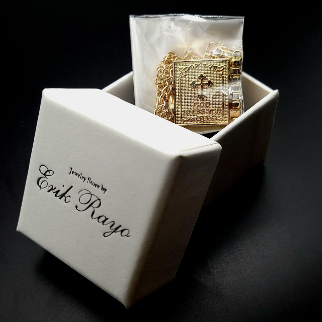 Gold Holy Bible Necklace Lords Prayer Four Openable Pages - Jewelry Store by Erik Rayo