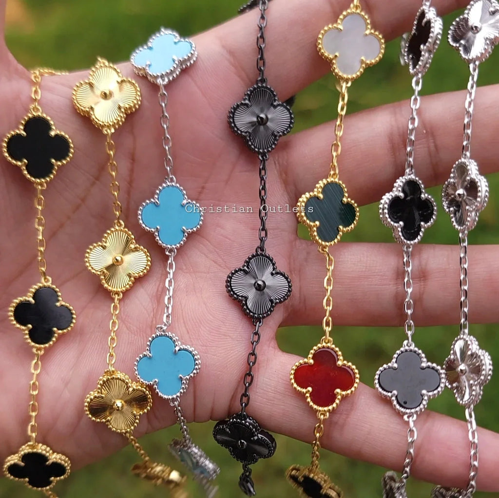 925 Silver Black Mother of Pearl Clover Bracelets for Men and Women 6" 7" and 8" Inches Adjustable - Jewelry Store by Erik Rayo