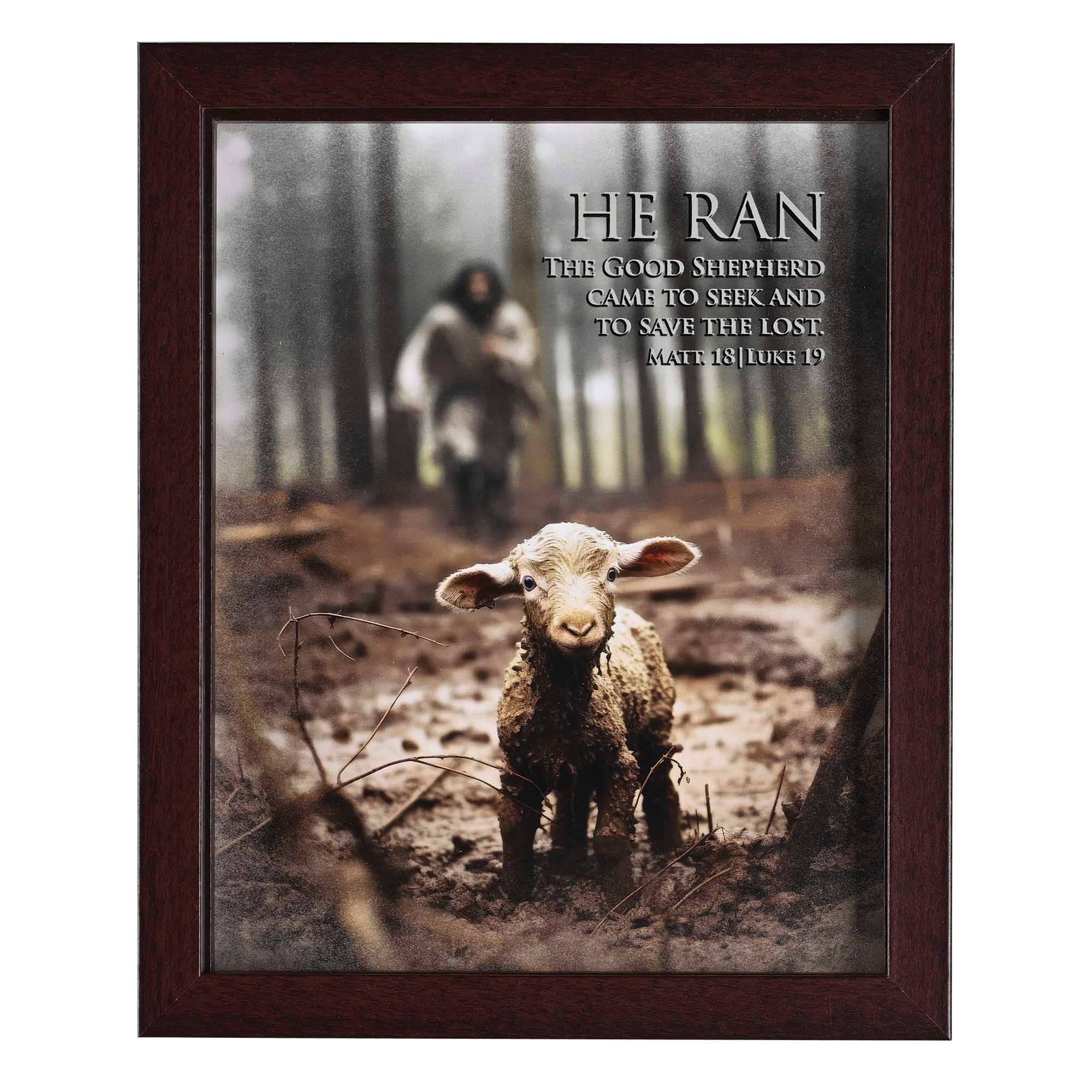 Framed Art Lamb 8x10 He Ran Matt18:12-14