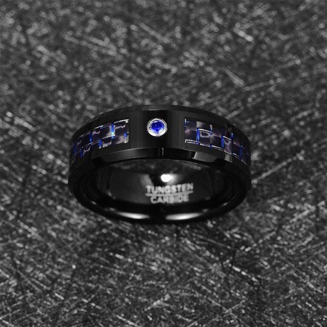 Tungsten Rings for Men Wedding Bands for Him Womens Wedding Bands for Her 8mm Blue Carbon Fiber Blue Diamond - Jewelry Store by Erik Rayo