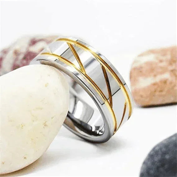 Men’s Wedding Band Rings - Silver Polish 18K Gold Line Inlay - Modern Wedding Rings for Men & Women - Jewelry Store by Erik Rayo