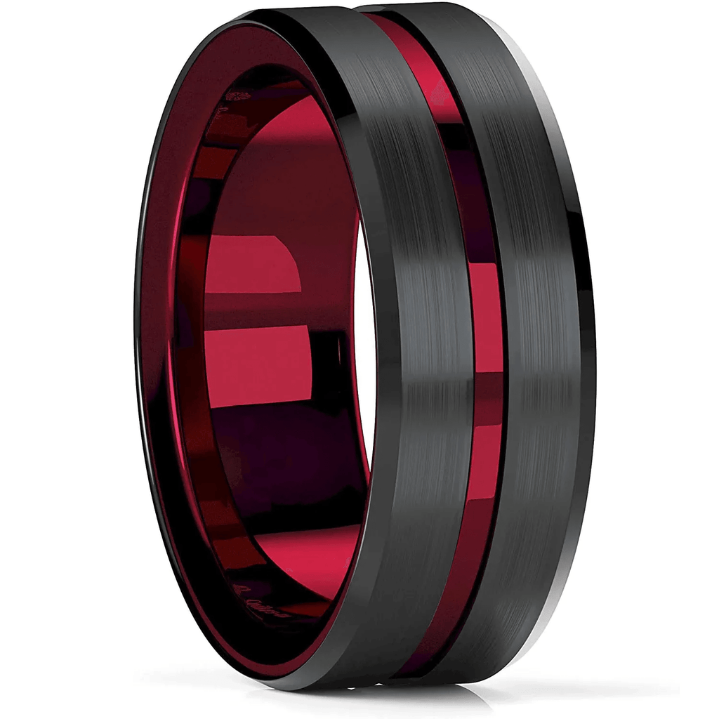 Men's Tungsten Carbide Wedding Band - Black and Red Line Ring for Men - Wedding Rings for Women and Men - Jewelry Store by Erik Rayo