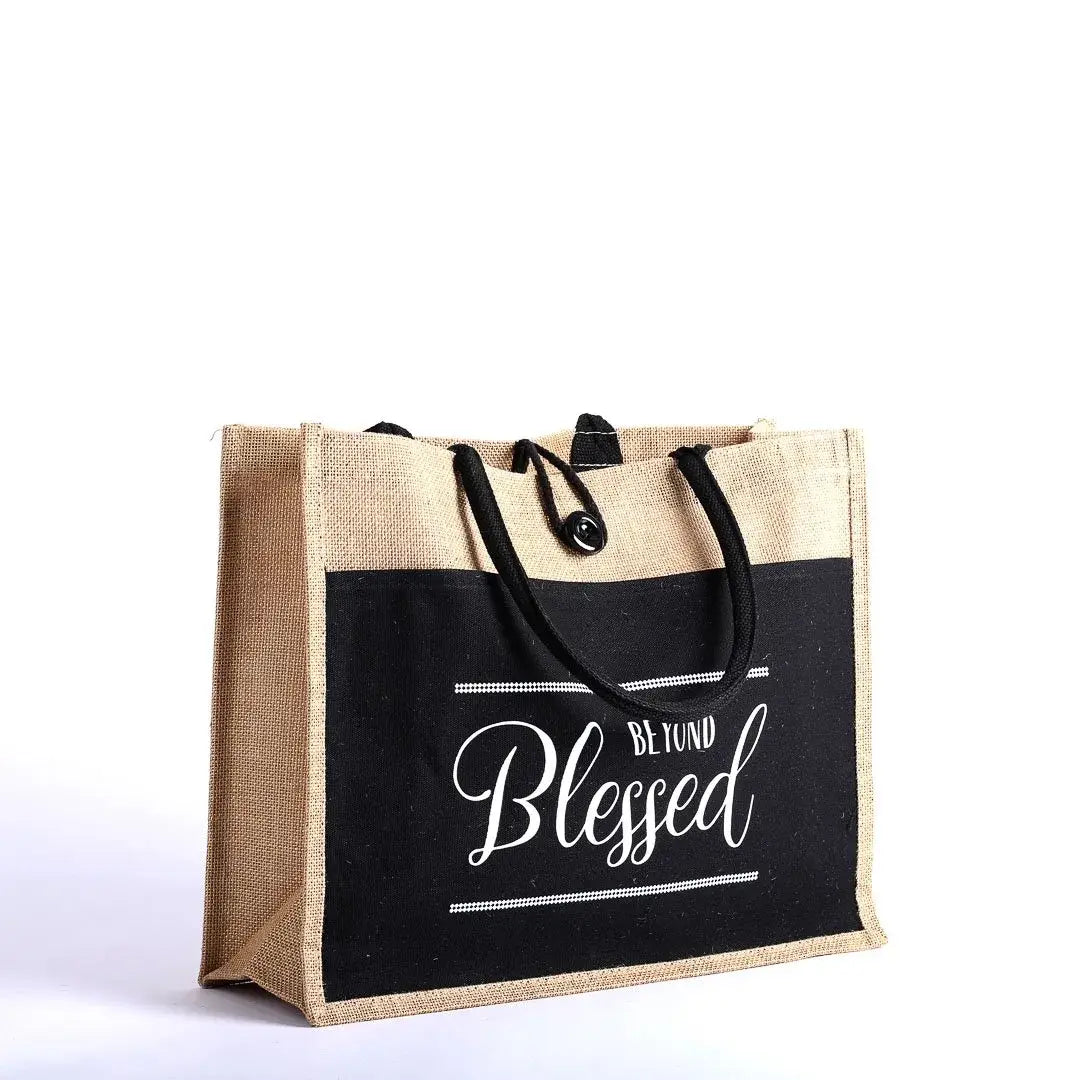 Jute Tote Bag - Blessed - 17x13.5x6