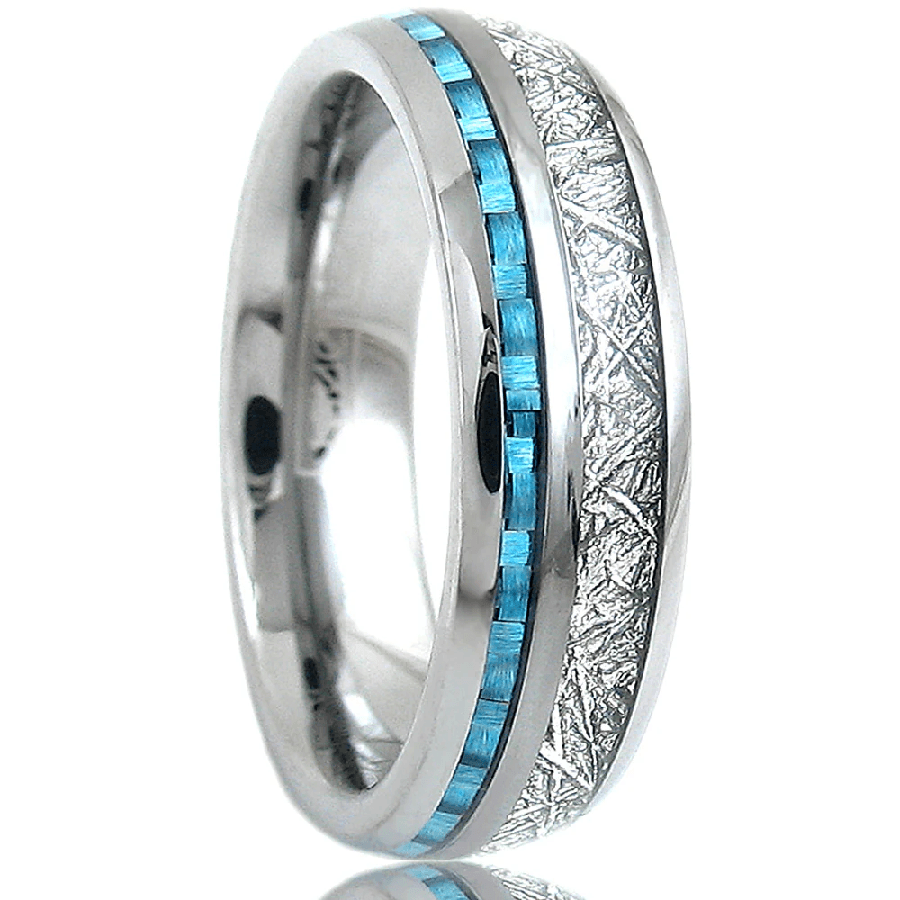 Sky Blue Carbon Fiber Tungsten Carbide Wedding Band Ring for Men & Women – Black & Silver Meteorite Inlay - Jewelry Store by Erik Rayo
