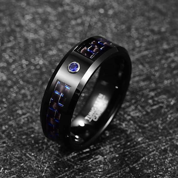 Tungsten Rings for Men Wedding Bands for Him Womens Wedding Bands for Her 8mm Blue Carbon Fiber Blue Diamond - Jewelry Store by Erik Rayo