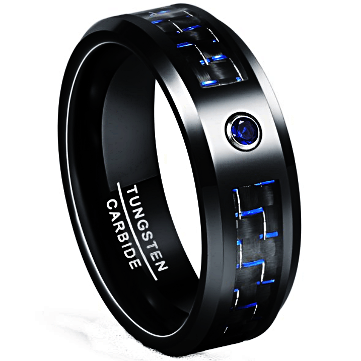 Men's Wedding Band Ring with Blue Carbon Fiber and Blue Diamond for Men and Women