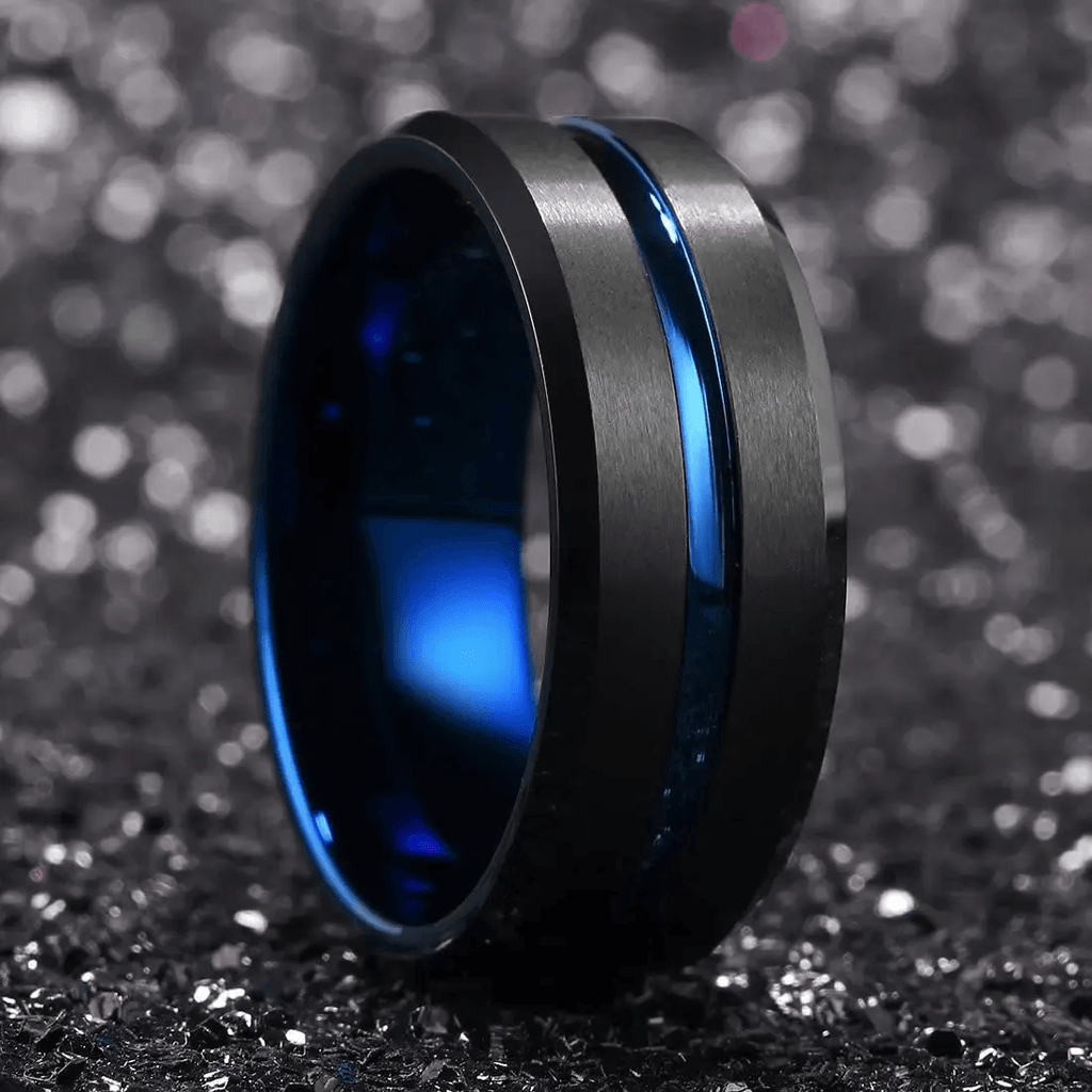 Blue Line Black Brushed Wedding Band Ring - Unisex Wedding Rings - Jewelry Store by Erik Rayo